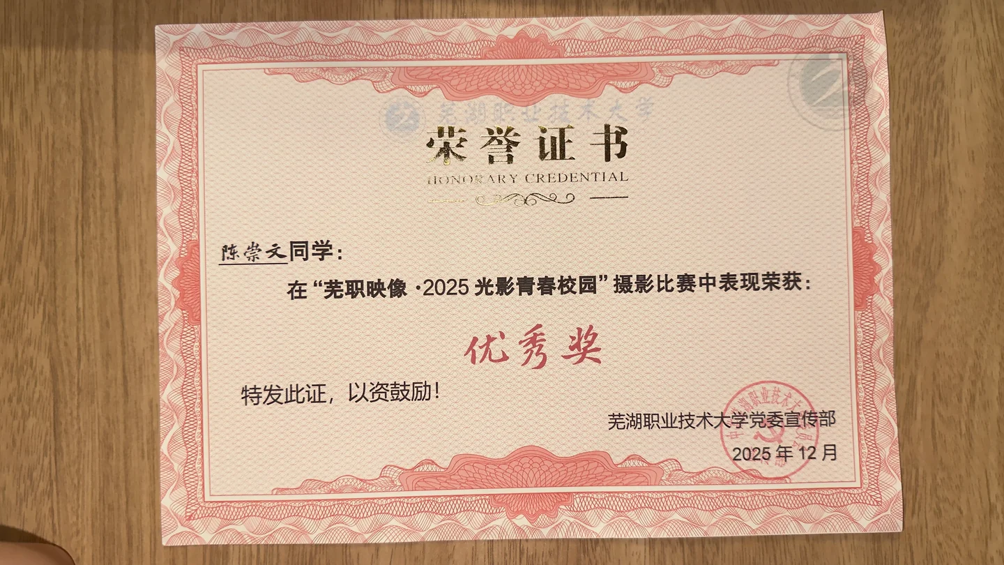 芜职映像摄影优秀奖 · 另一张证书照片